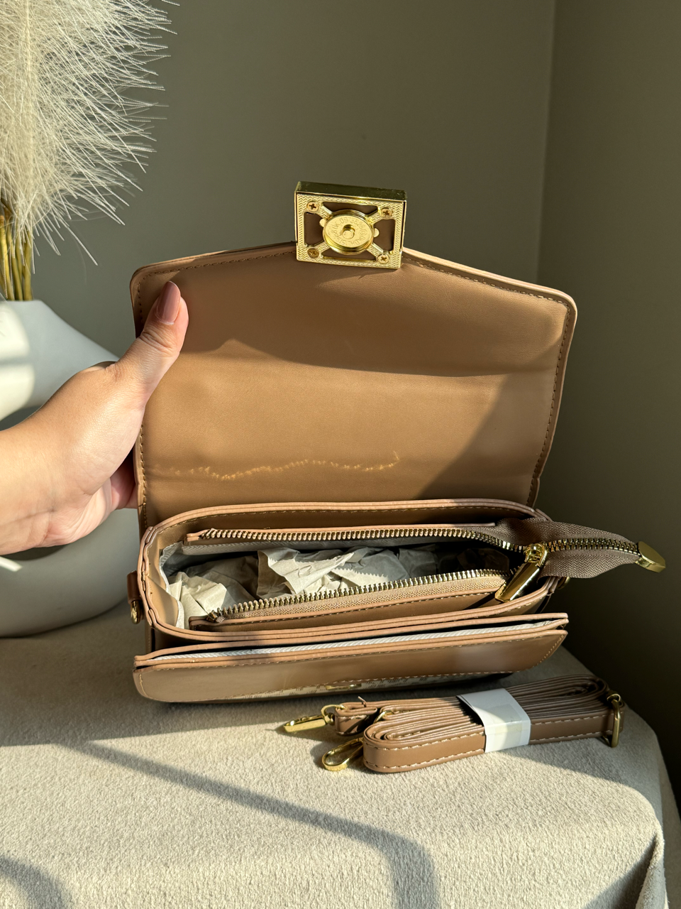 Belle Pearl Accent Handbag - Beige Tan