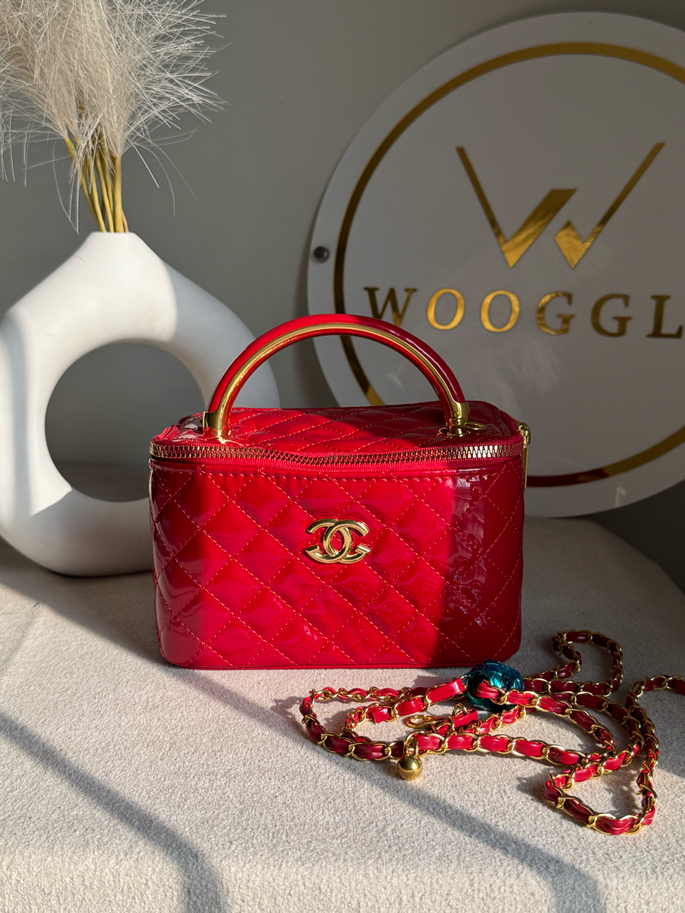 Luxe Quilted Vanity Case Bag with Gold Chain Strap - Crimson Red