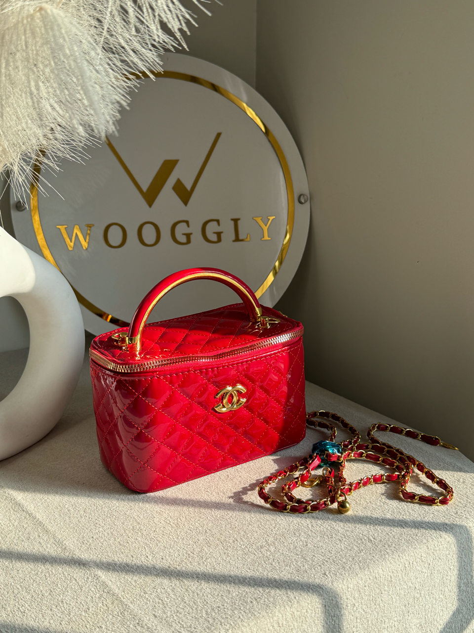 Luxe Quilted Vanity Case Bag with Gold Chain Strap - Crimson Red