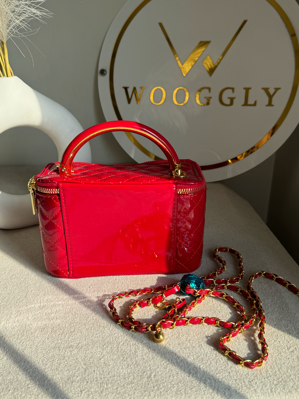 Luxe Quilted Vanity Case Bag with Gold Chain Strap - Crimson Red