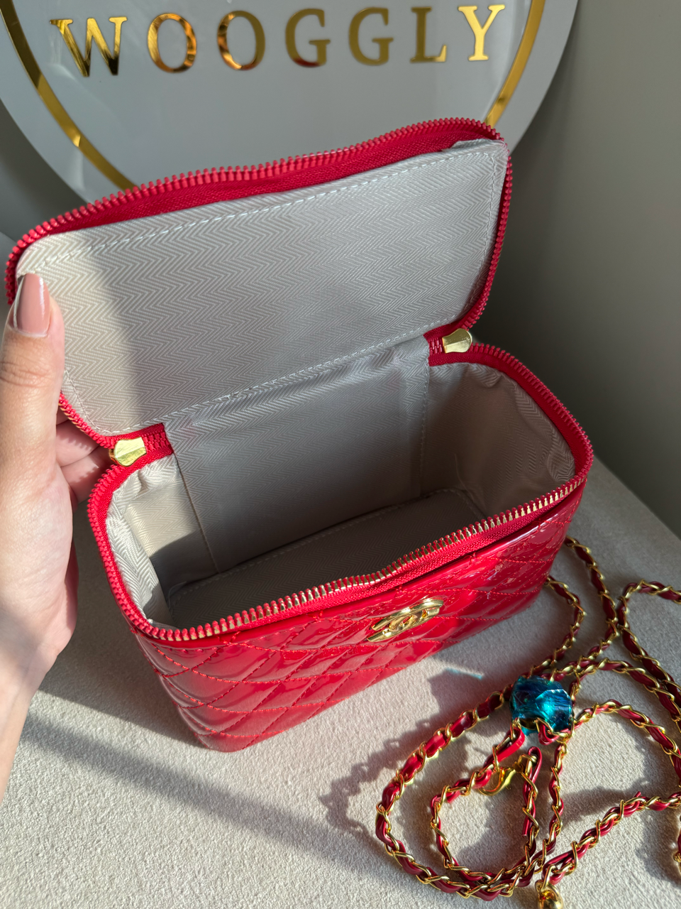 Luxe Quilted Vanity Case Bag with Gold Chain Strap - Crimson Red
