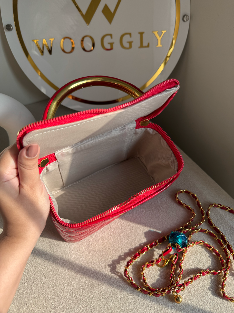 Luxe Quilted Vanity Case Bag with Gold Chain Strap - Crimson Red