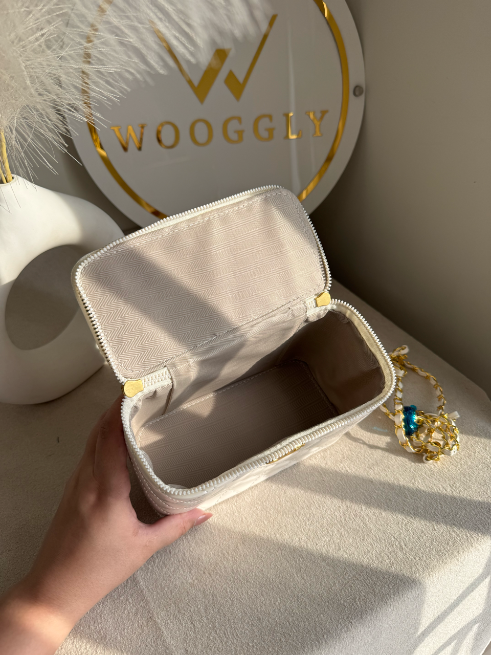 Luxe Quilted Vanity Case Bag with Gold Chain Strap - Cream Off White