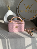 Luxe Quilted Vanity Case Bag with Gold Chain Strap - Baby Pink
