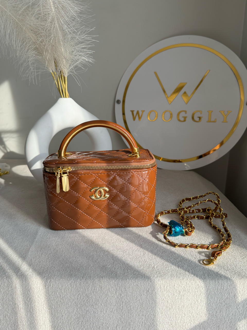 Luxe Quilted Vanity Case Bag with Gold Chain Strap - Caramel Brown