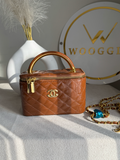 Luxe Quilted Vanity Case Bag with Gold Chain Strap - Caramel Brown