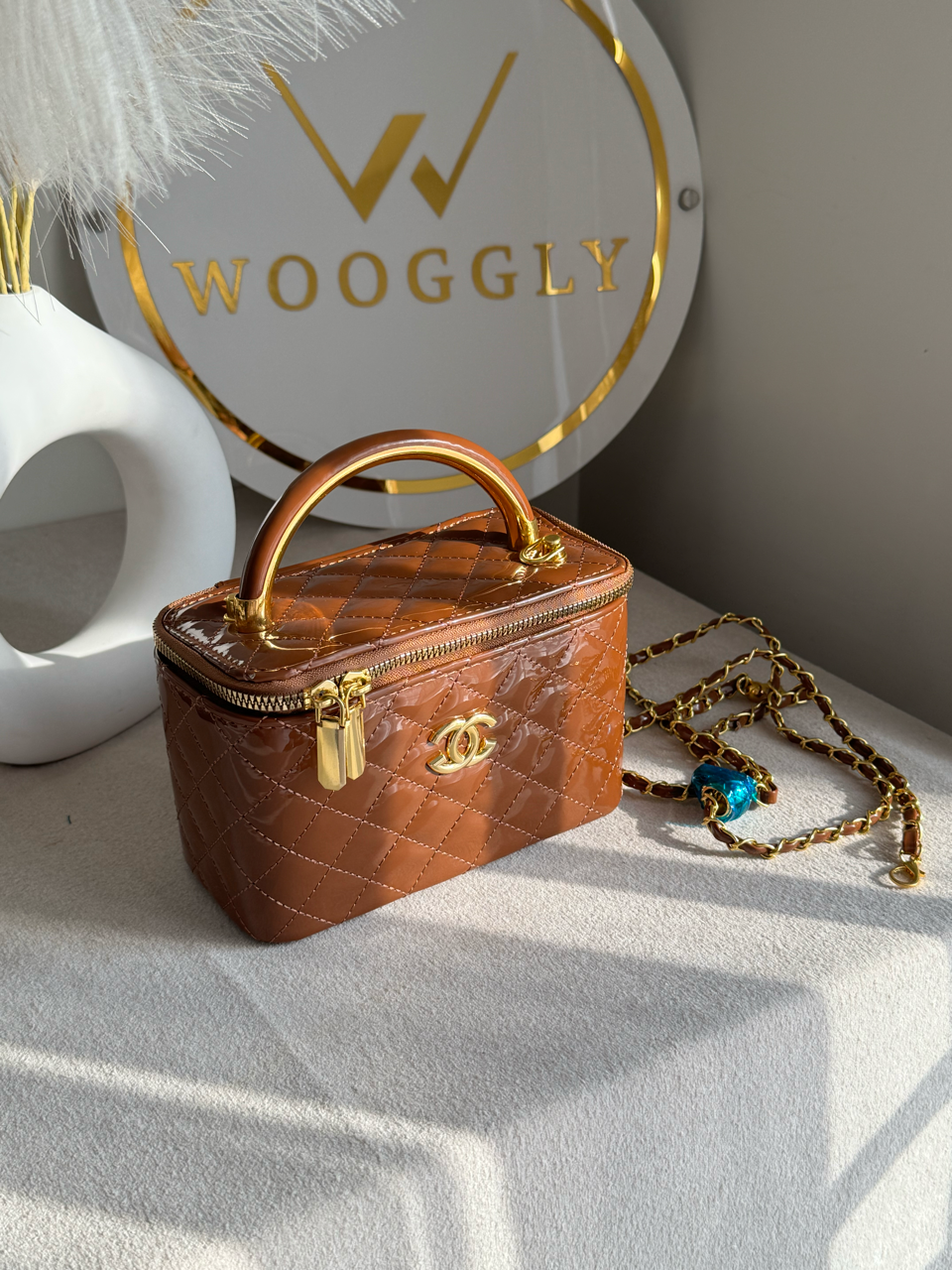 Luxe Quilted Vanity Case Bag with Gold Chain Strap - Caramel Brown