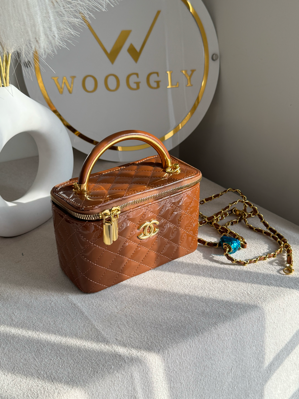 Luxe Quilted Vanity Case Bag with Gold Chain Strap - Caramel Brown