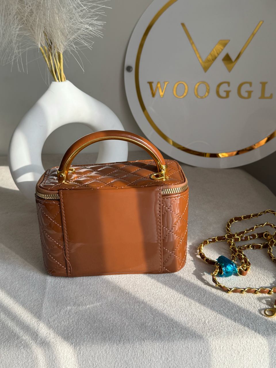 Luxe Quilted Vanity Case Bag with Gold Chain Strap - Caramel Brown