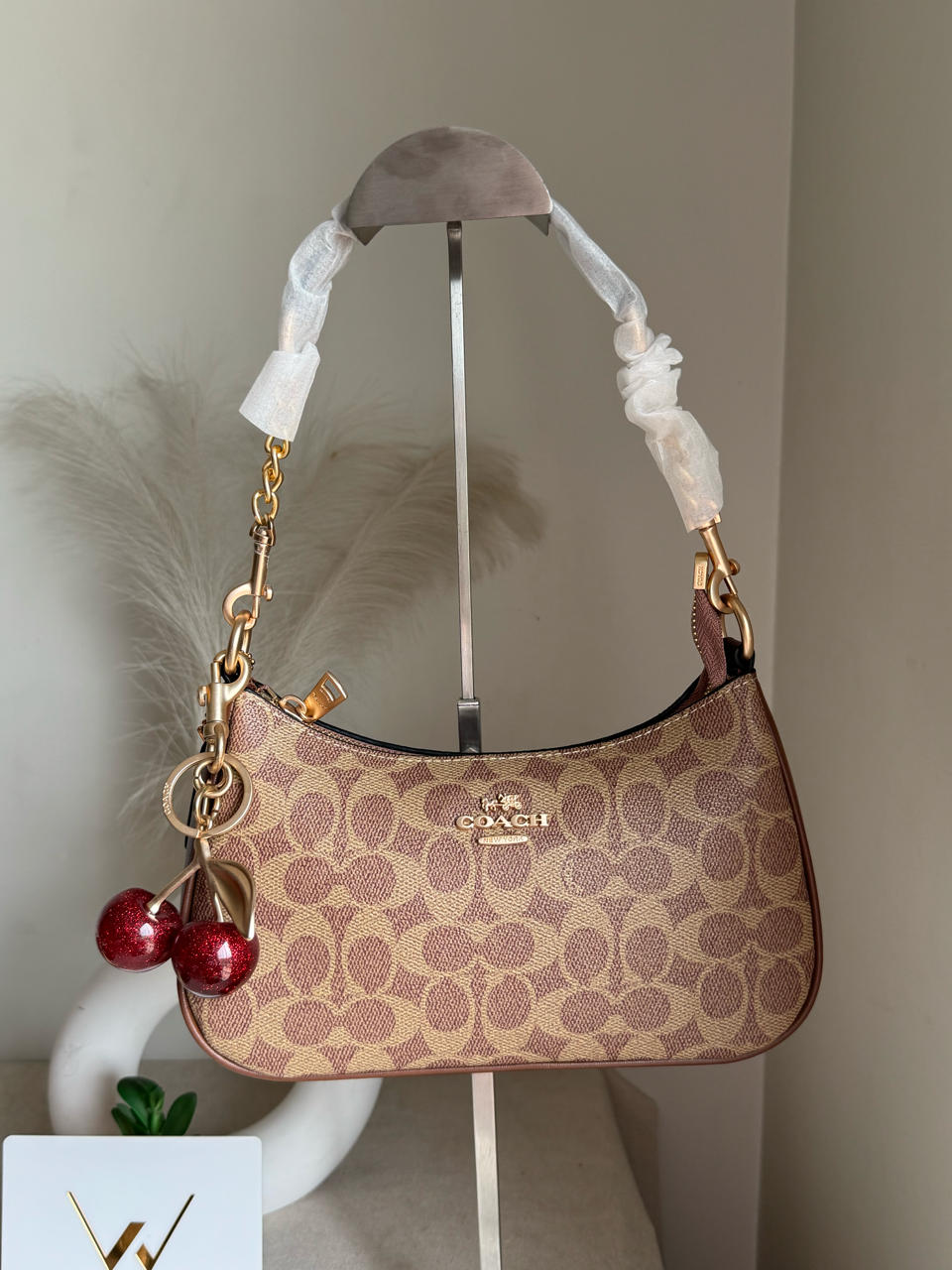 COACH Teri Premium with Coach Cherry Charm - Apricot Brown with Box Packing