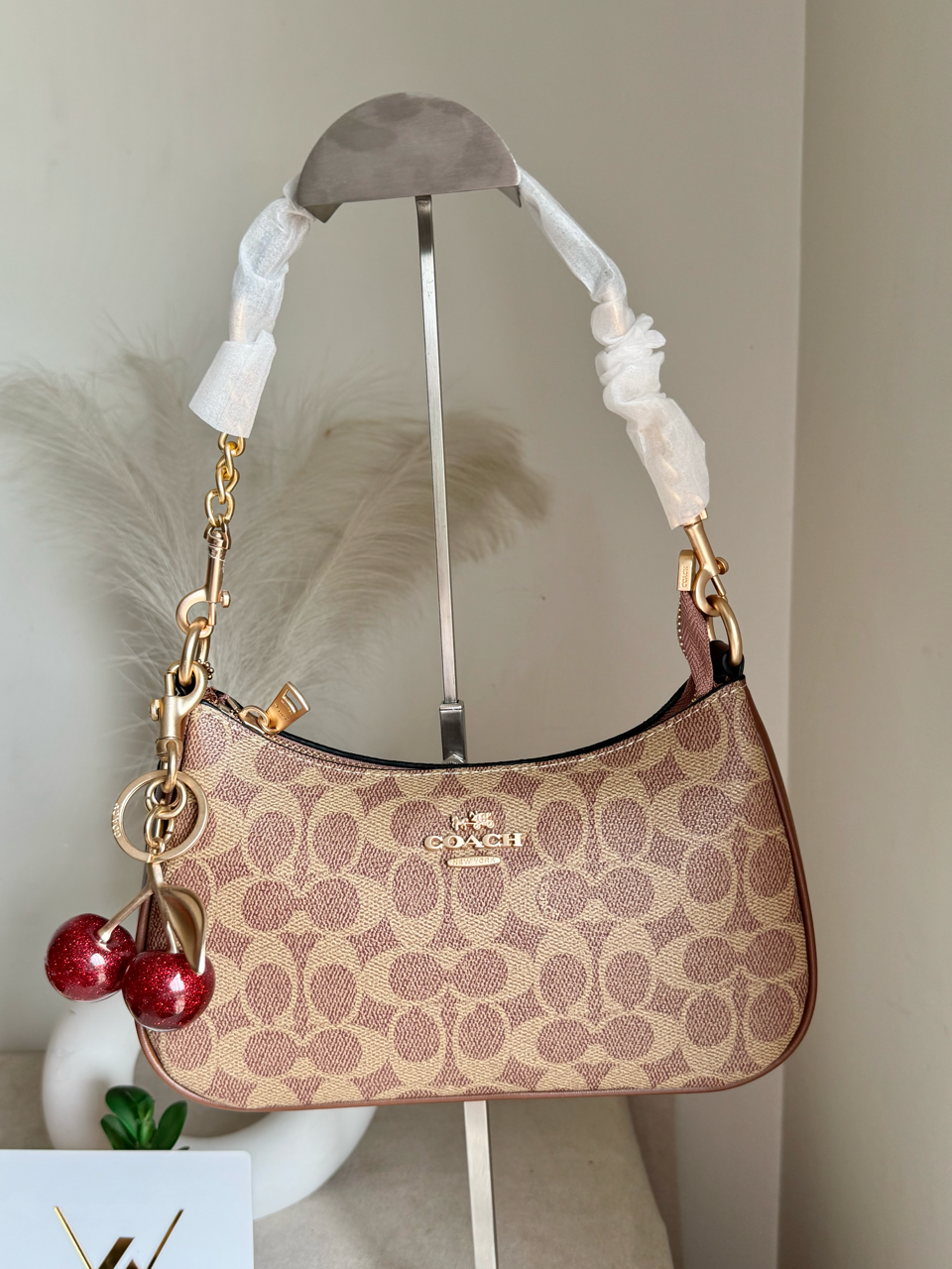 COACH Teri Premium with Coach Cherry Charm - Apricot Brown with Box Packing