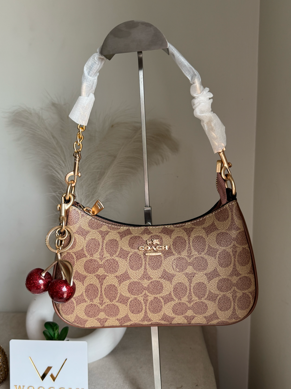 COACH Teri Premium with Coach Cherry Charm - Apricot Brown with Box Packing