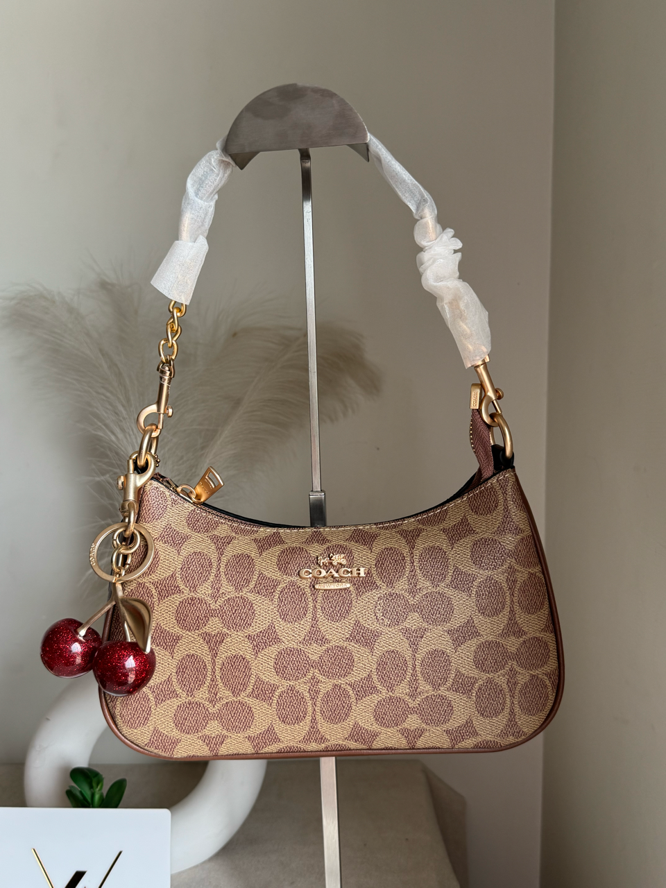 COACH Teri Premium with Coach Cherry Charm - Apricot Brown with Box Packing