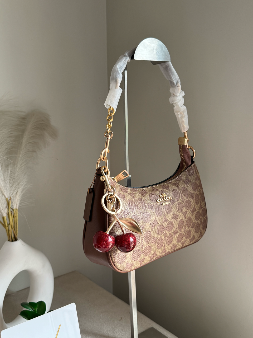COACH Teri Premium with Coach Cherry Charm - Apricot Brown with Box Packing