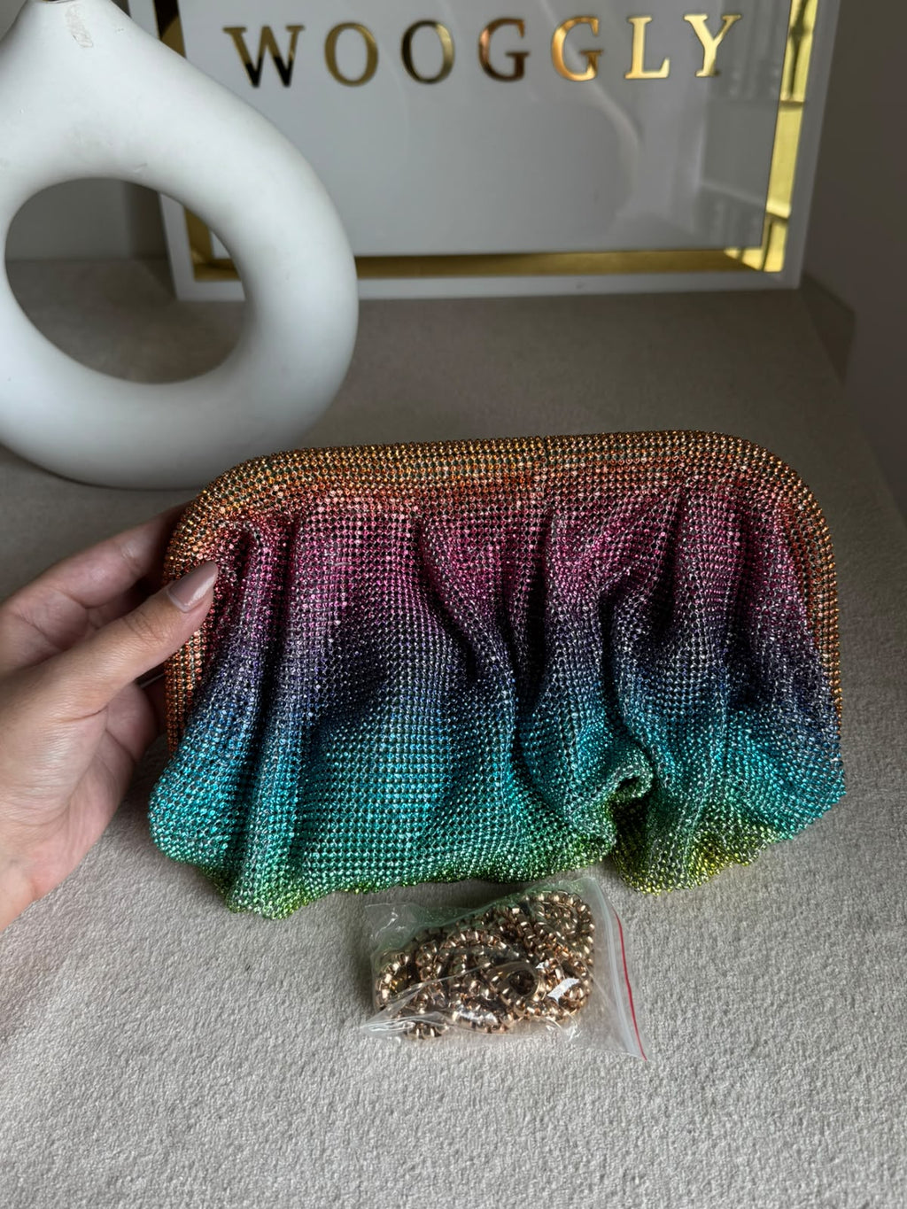 Viral High Quality Rhinestone Clutch with Chain - Rainbow Ombre