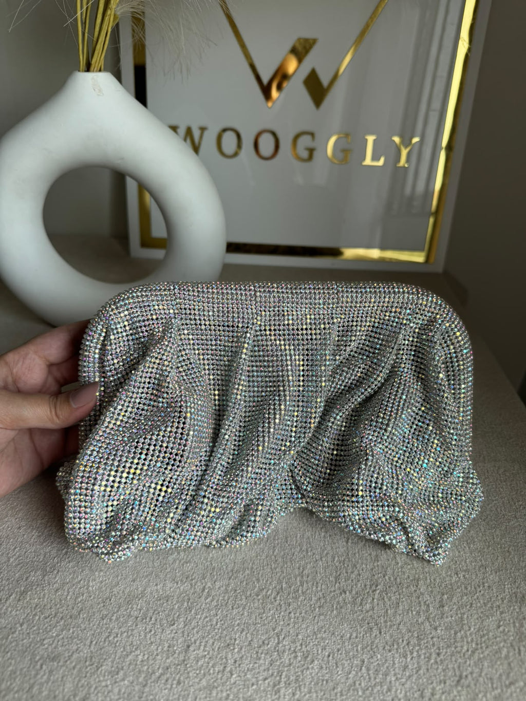 Viral High Quality Rhinestone Clutch with Chain - Silver