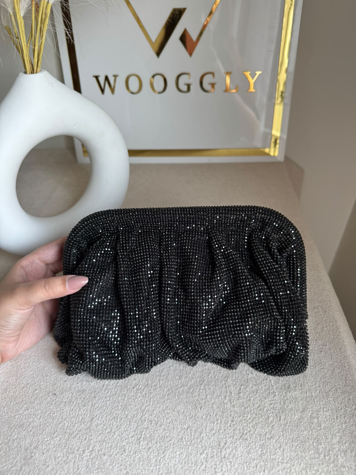 Viral High Quality Rhinestone Clutch with Chain - Black