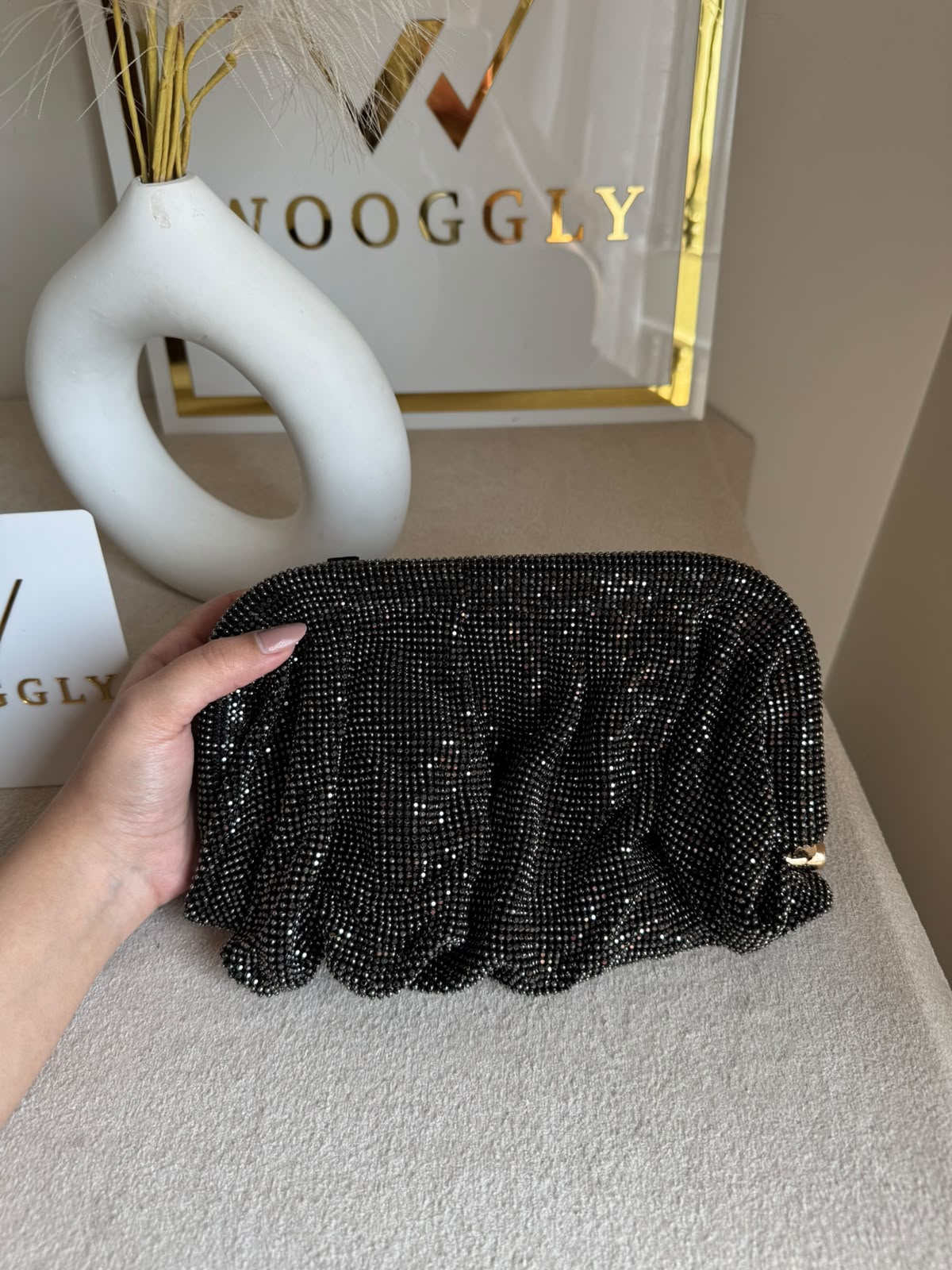 Viral High Quality Rhinestone Clutch with Chain - Shimmer Black