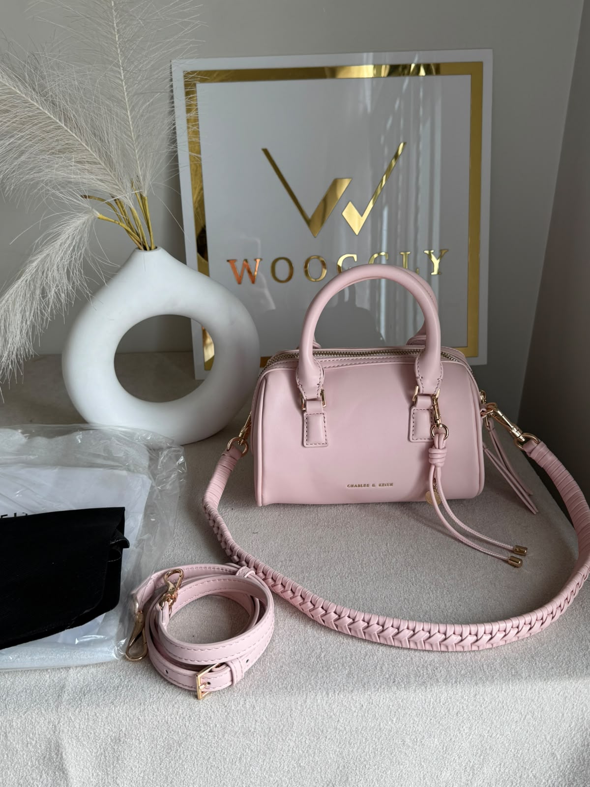 Charles & Keith Premium Duffle Bag with Charm & Box Packing - Baby Pink