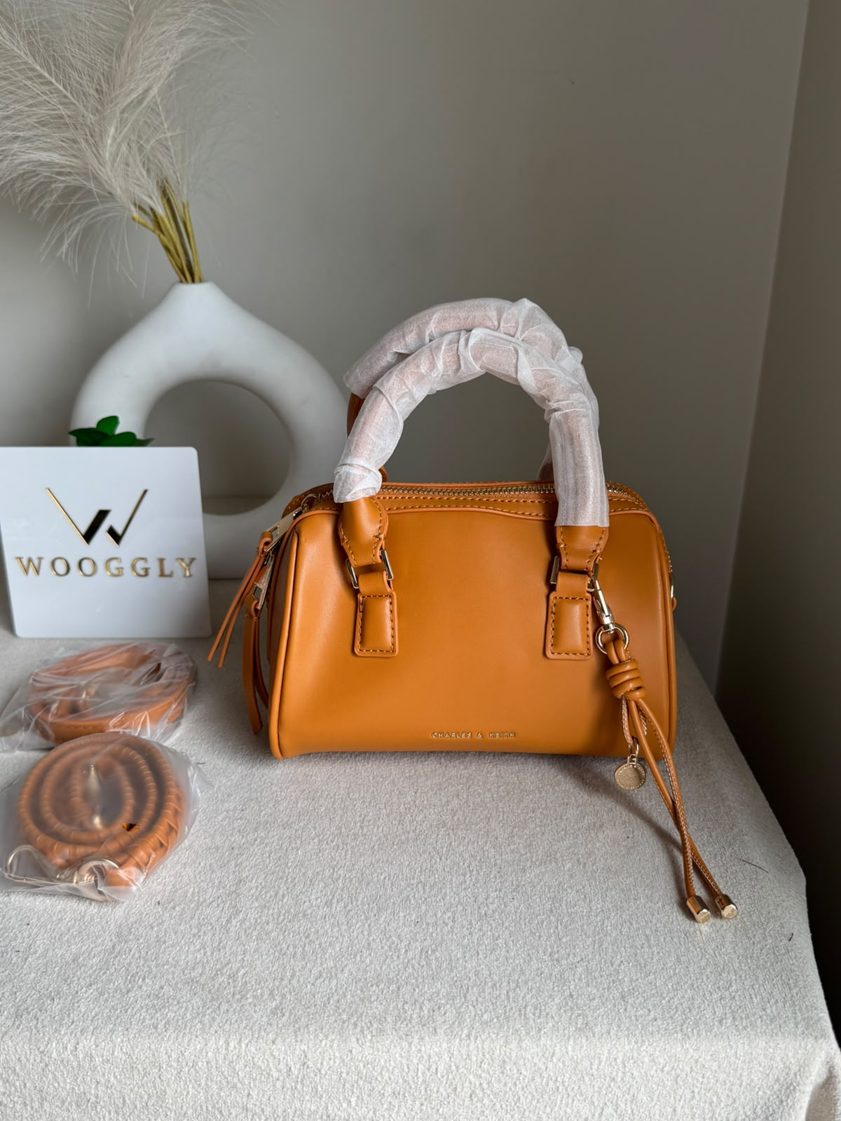 Charles & Keith Premium Duffle Bag with Charm & Box Packing- Fall Brown