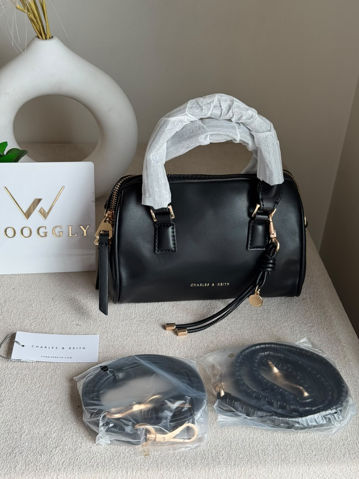 Charles & Keith Premium Duffle Bag with Charm & Box Packing- Black