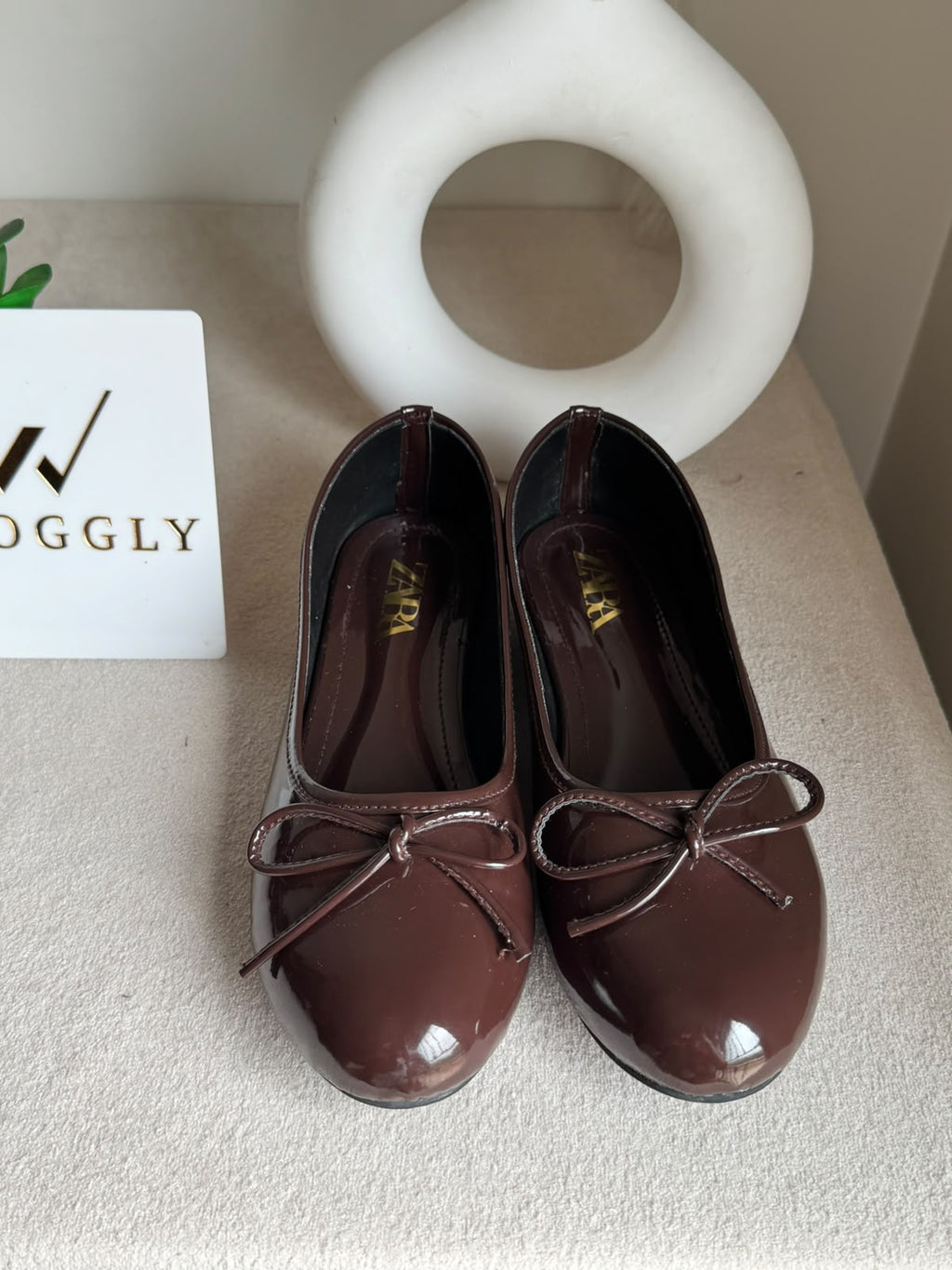 Zara Patent Bow Ballet Pumps – Brown