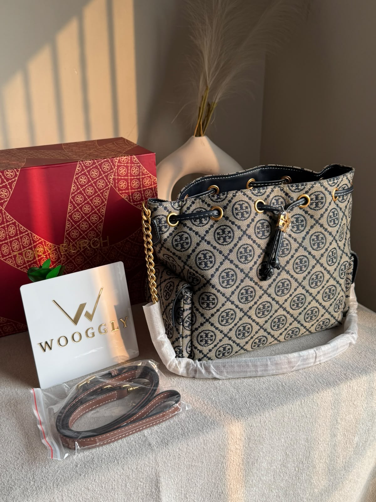 Viral Tory Burch Fleming Bag - Beige & Blue with Box Packing