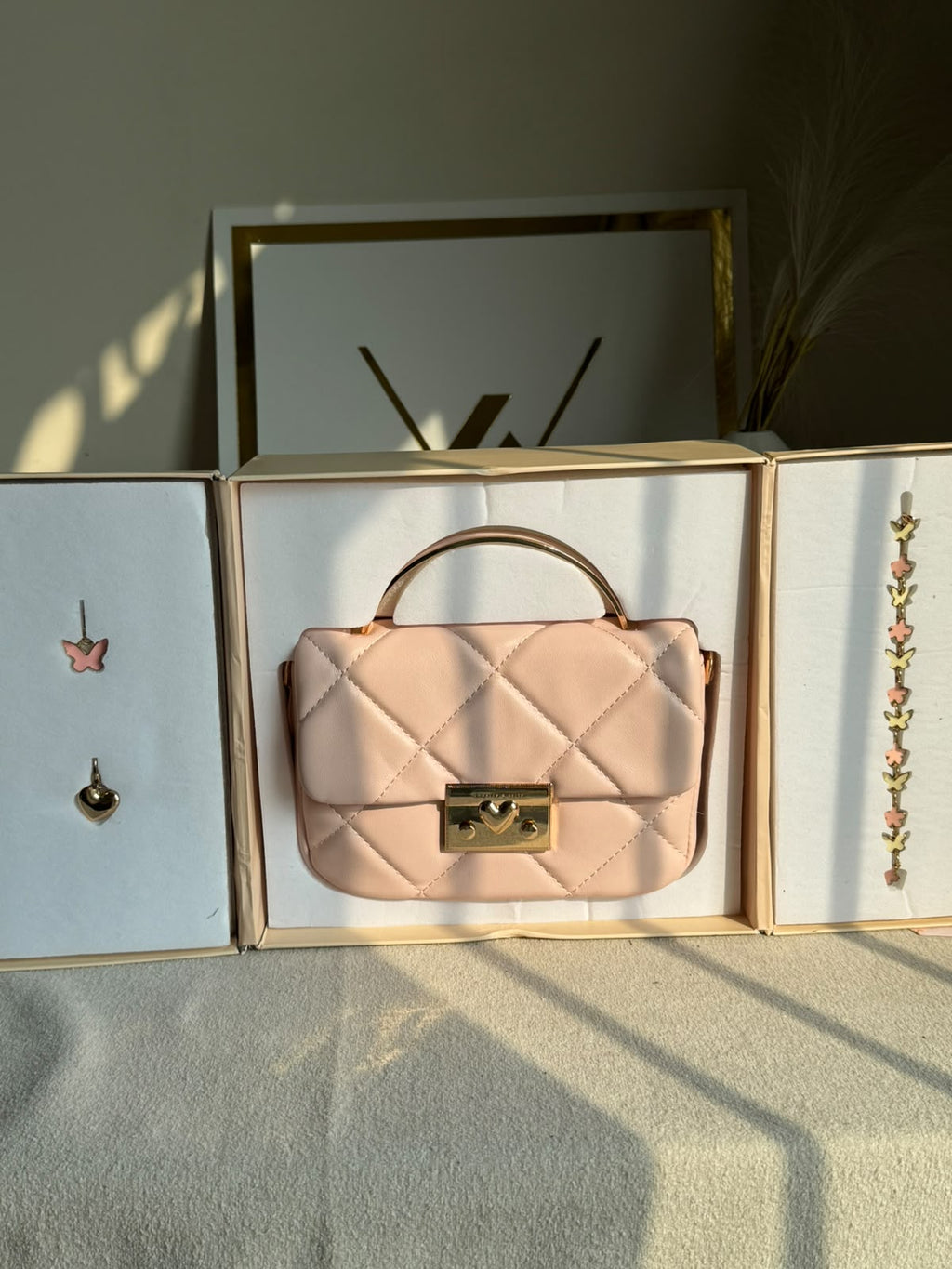 Charles & Keith Quilted Boxy Top Handle Bag Gift Set with 3 CHARMS - Baby Pink