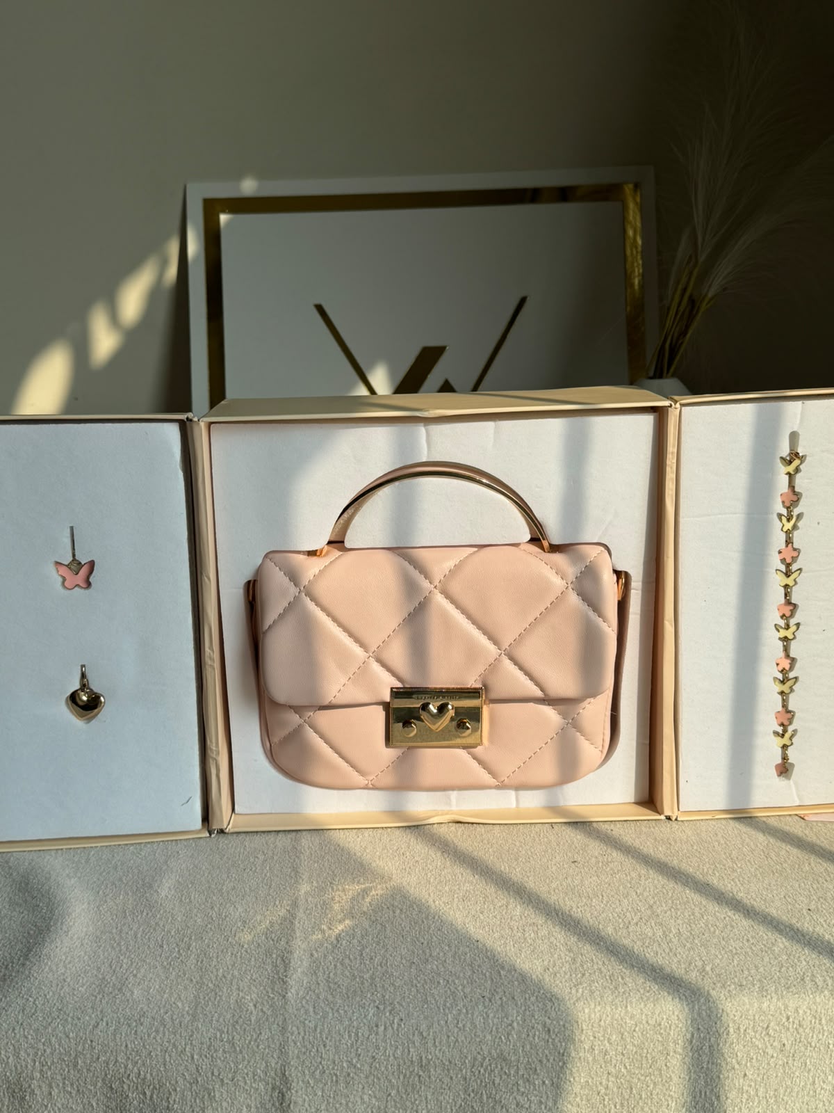 Charles & Keith Quilted Boxy Top Handle Bag Gift Set with 3 CHARMS - Baby Pink