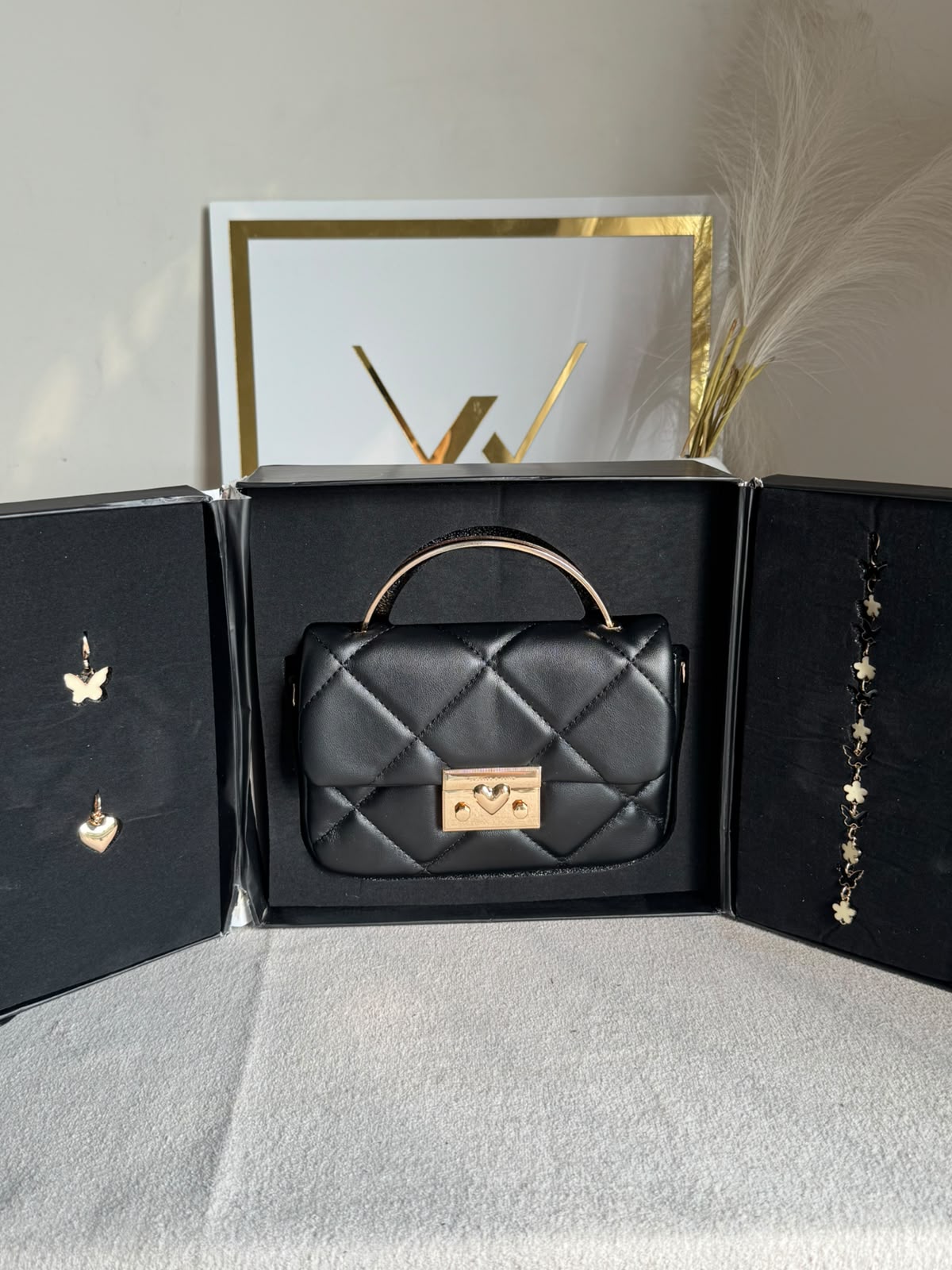 Charles & Keith Quilted Boxy Top Handle Bag Gift Set with 3 Charms - Black