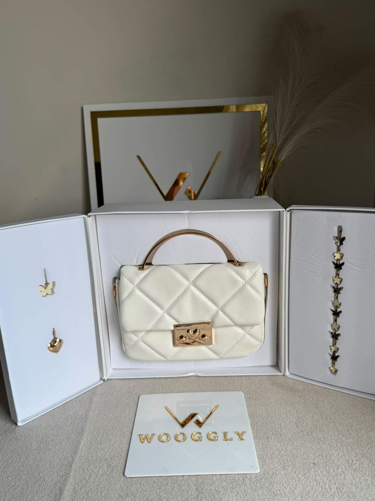 Charles & Keith Quilted Boxy Top Handle Bag Gift Set with 3 Charms - White