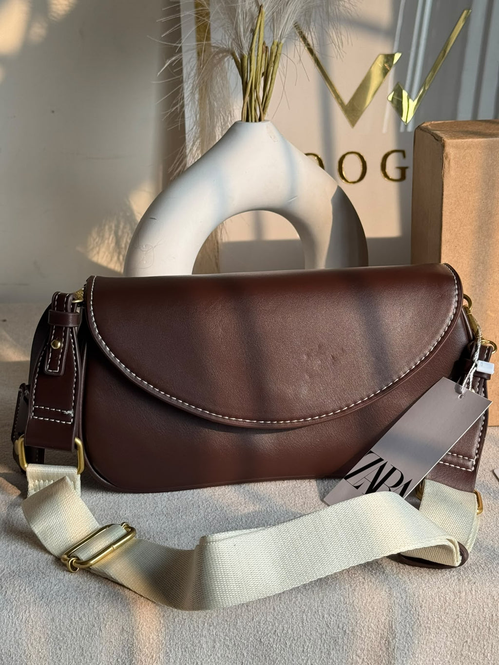 Premium Zara Leather Bag With Box Packing- Brown