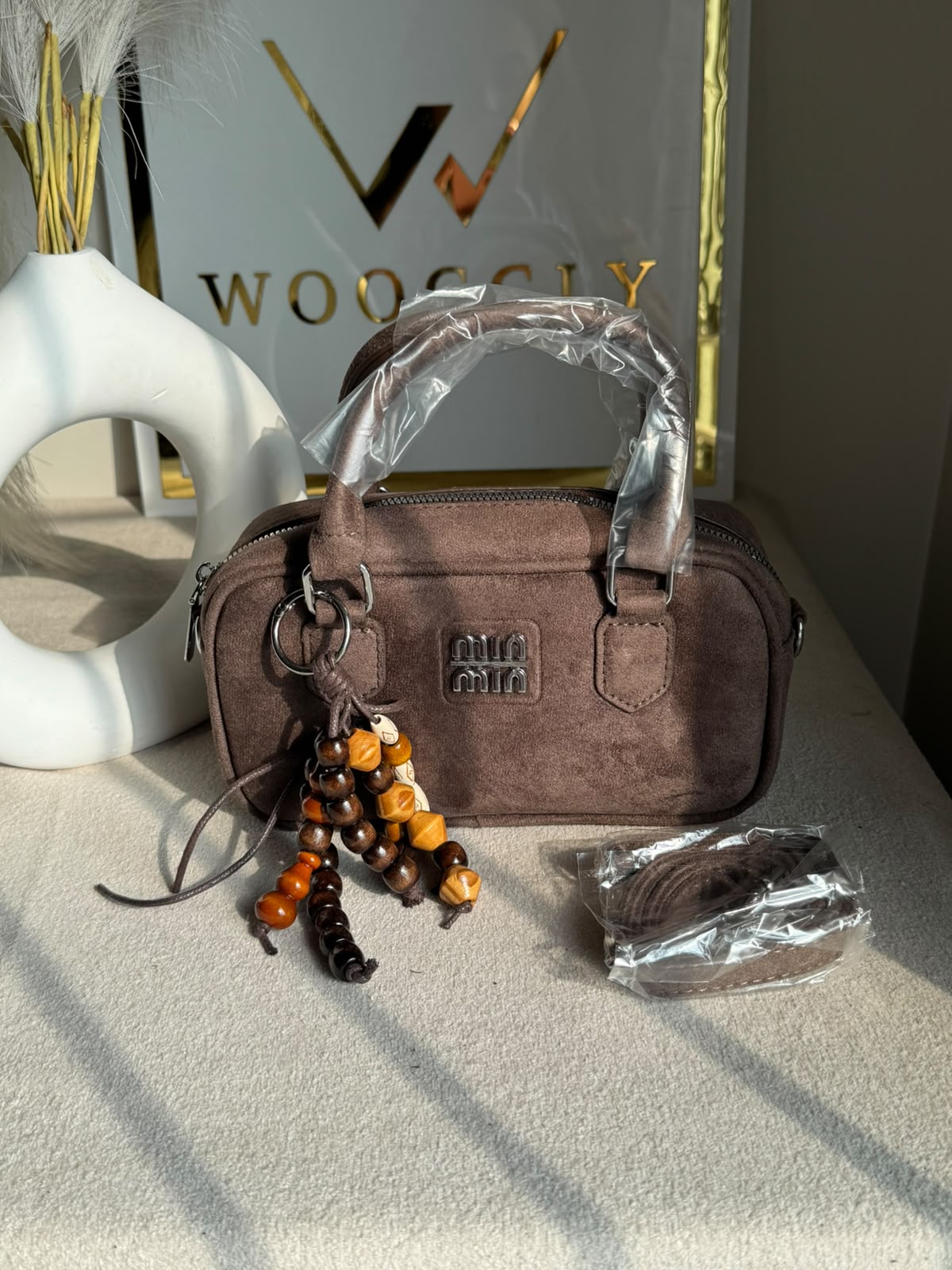 Min Min Suede Bucket Bag With Bag Charm - Chocolate Brown
