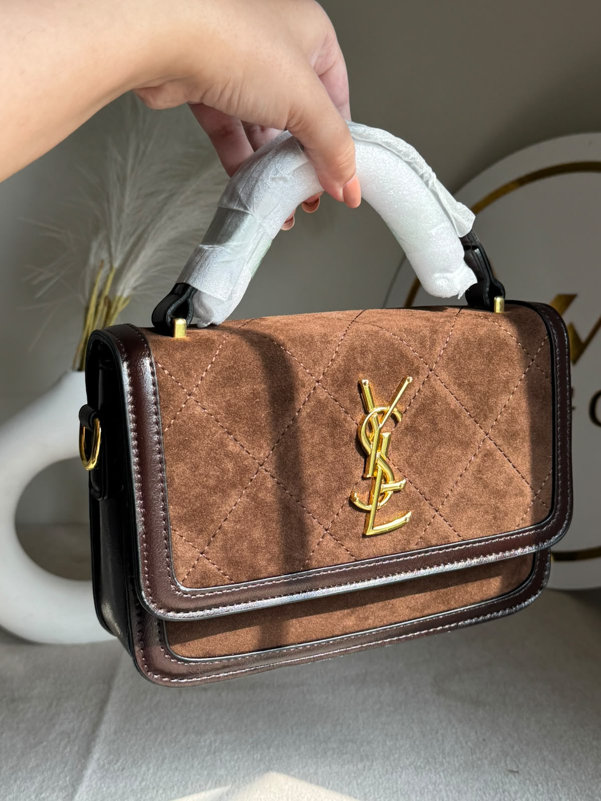 YSL Luxury Quilted Flap Top-Handle Crossbody Bag - Suede Brown