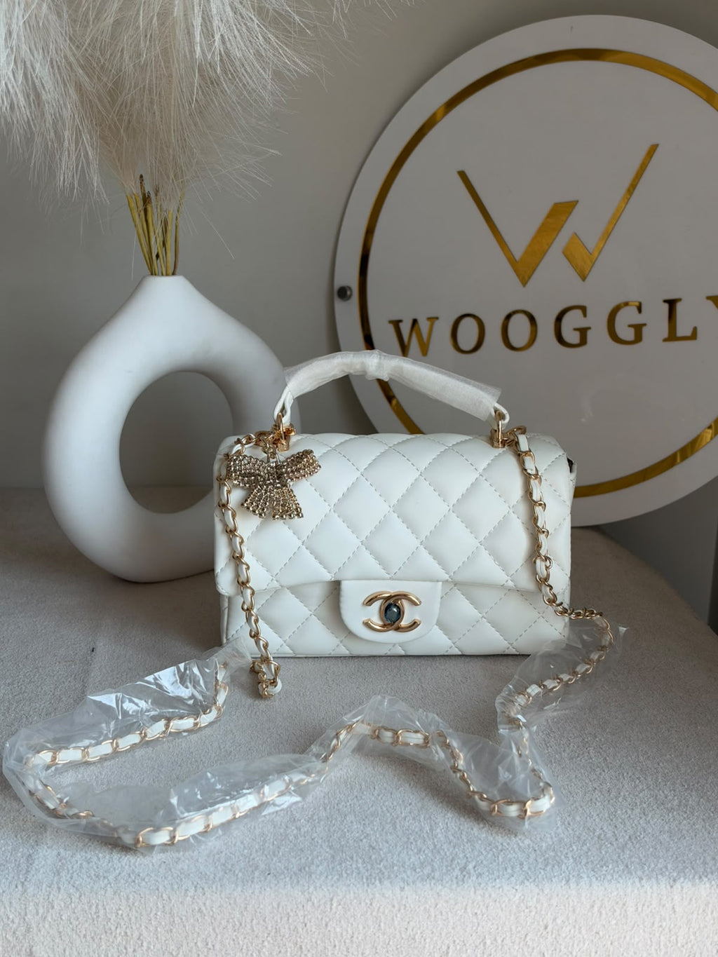 Daily Muse Quilted Crossbody Bag with Bow Charm & Box Packing - White
