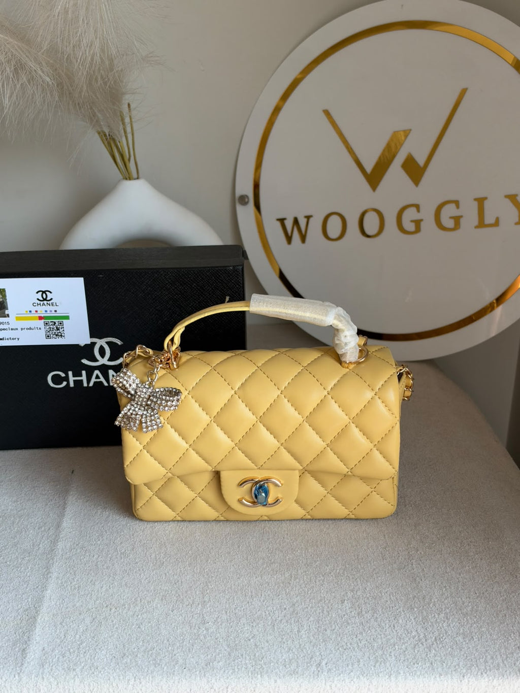Daily Muse Quilted Crossbody Bag with Bow Charm & Box Packing - Butter Yellow