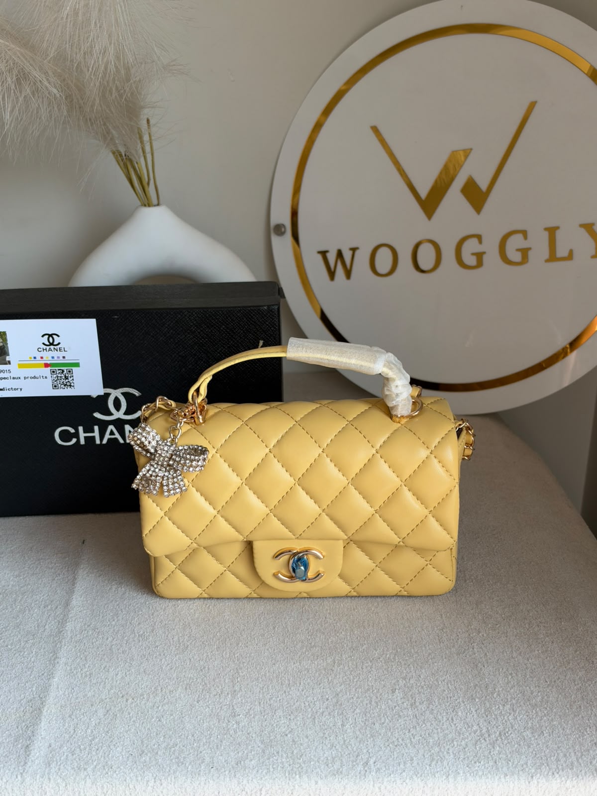 Daily Muse Quilted Crossbody Bag with Bow Charm & Box Packing - Butter Yellow