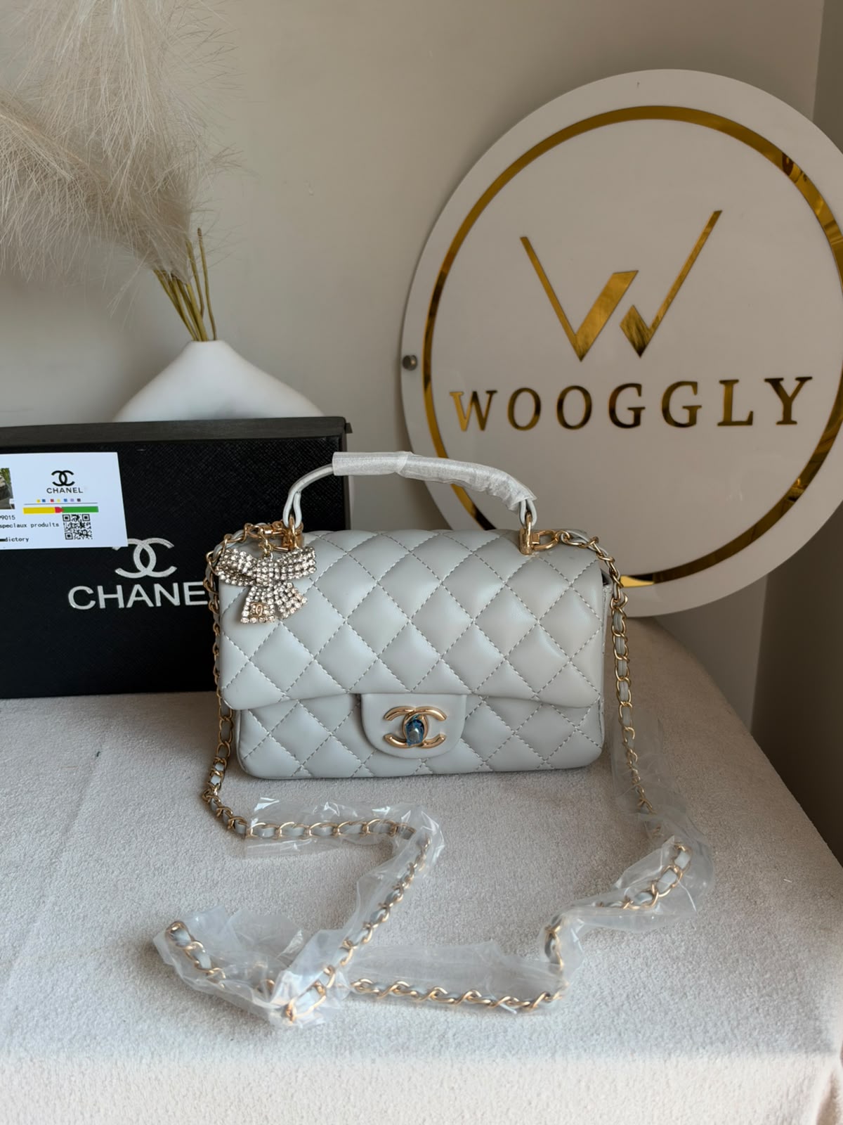 Daily Muse Quilted Crossbody Bag with Bow Charm & Box Packing - Grey