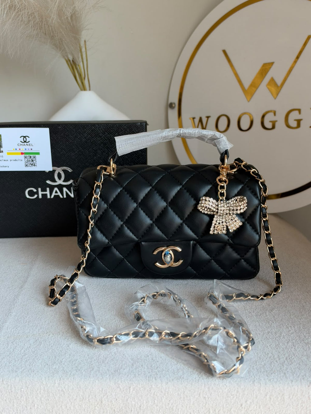 Daily Muse Quilted Crossbody Bag with Bow Charm & Box Packing - Black