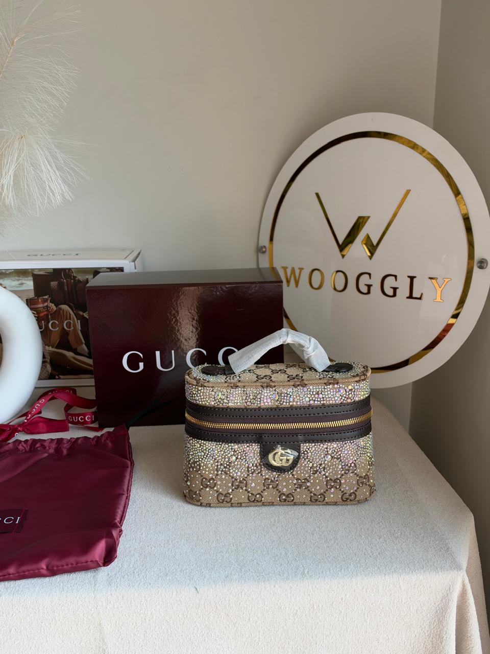 GG Supreme Crystal-Embellished Vanity Bag with Box Packing - Beige & Brown