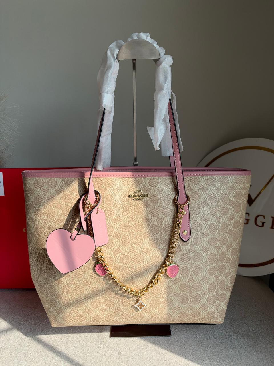 High Quality Tote Bag with Charms & Chain (Box Packing) - Beige