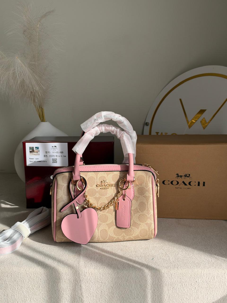 Rowan Satchel With Chains & Charm Box Packing (Medium Size) - Beige & Pink