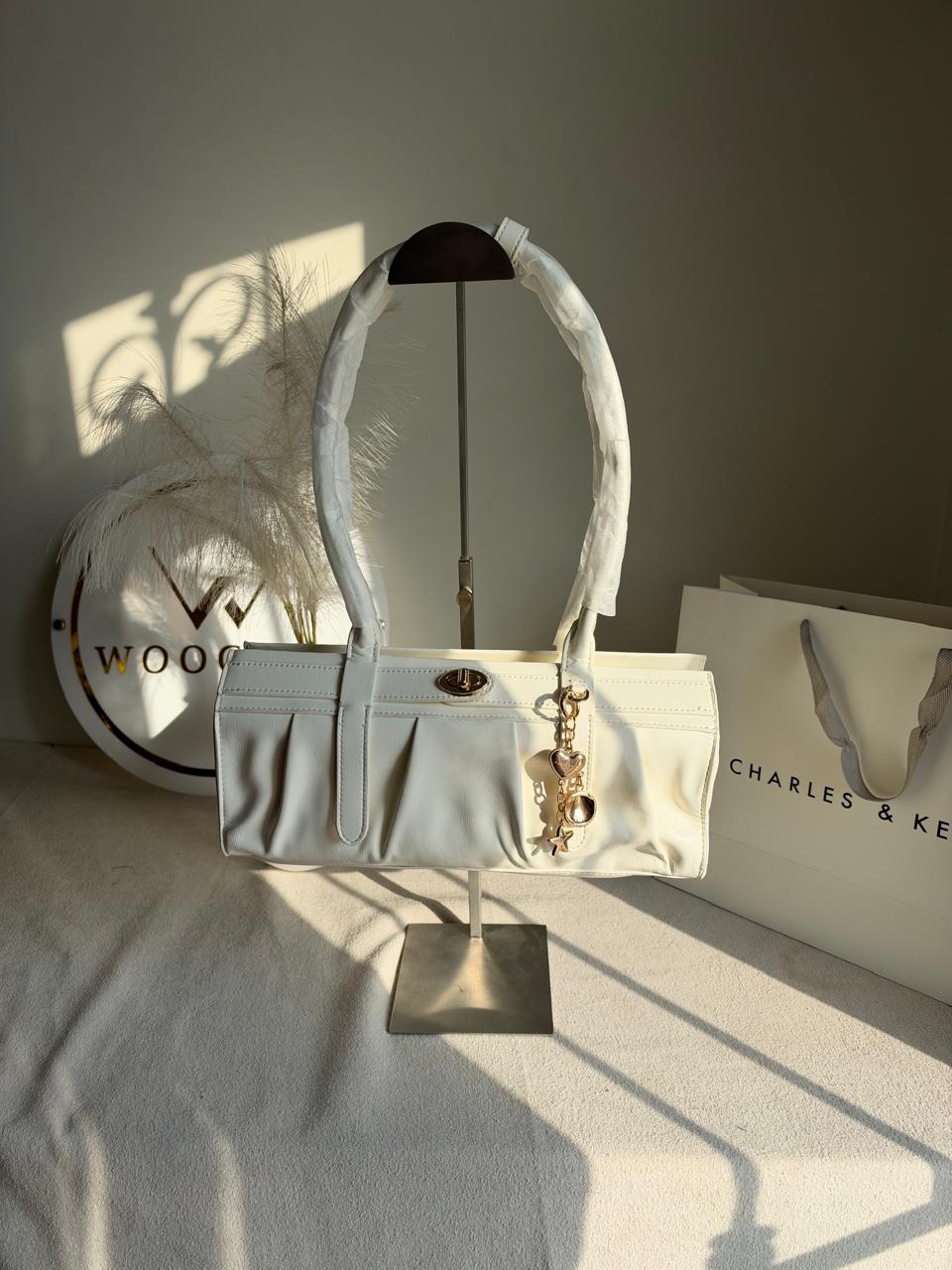 Ruched Shoulder Bag with Heart Charm With C & K Paper Bag - White
