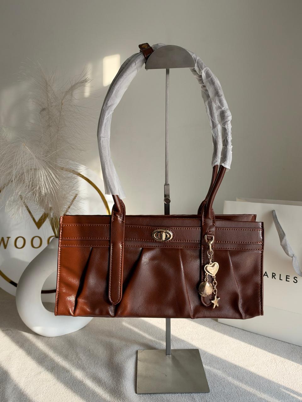Ruched Shoulder Bag with Heart Charm With C & K Paper Bag - Brown