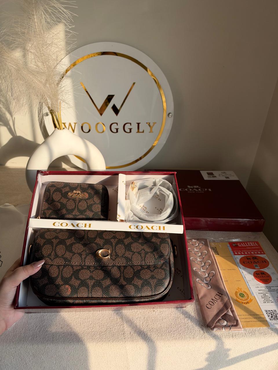 High Quality Gift Set With Wallet & Silk Scarf ( Box Packing) - Brown