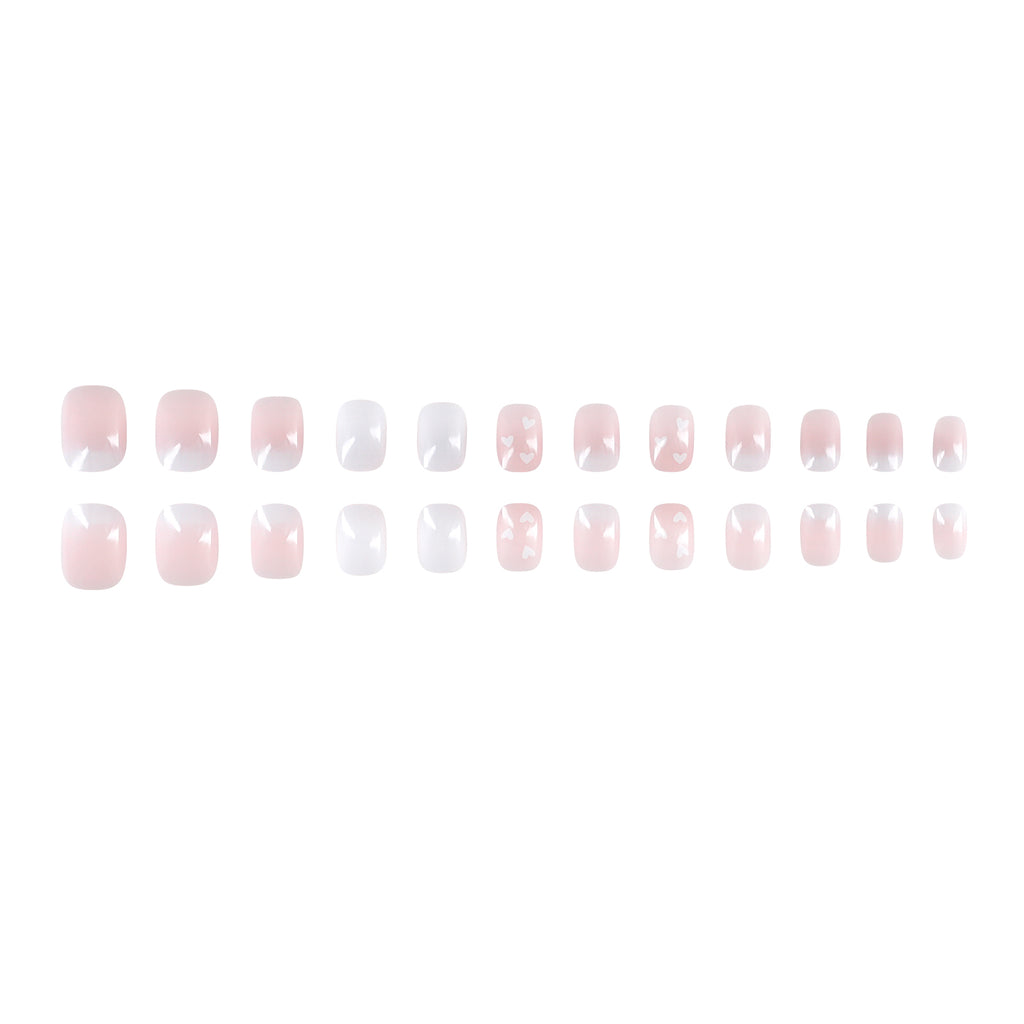 Square White & Pink Press On Nails - 24 Pieces Complete Kit