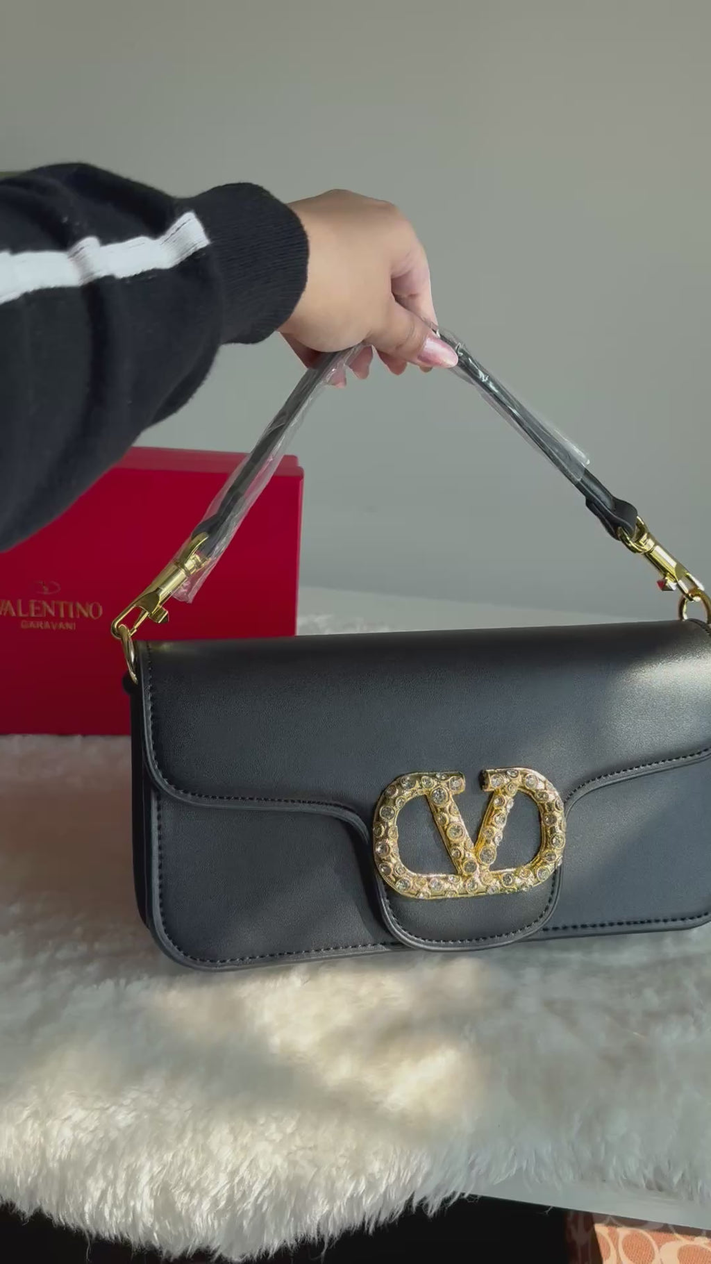 Valentino Loco with Jewel Logo PREMIUM Handbag with Box Packing - Black