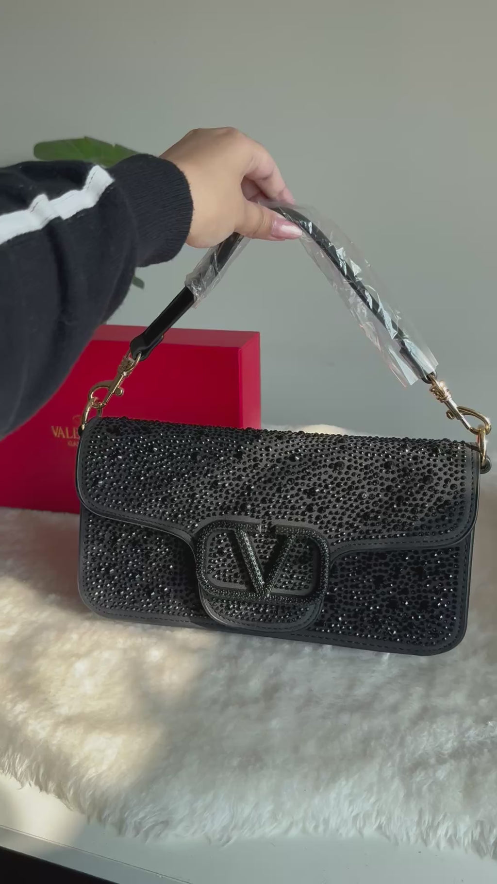 Valentino Loco Rhinestone PREMIUM Handbag with Box Packing - Black
