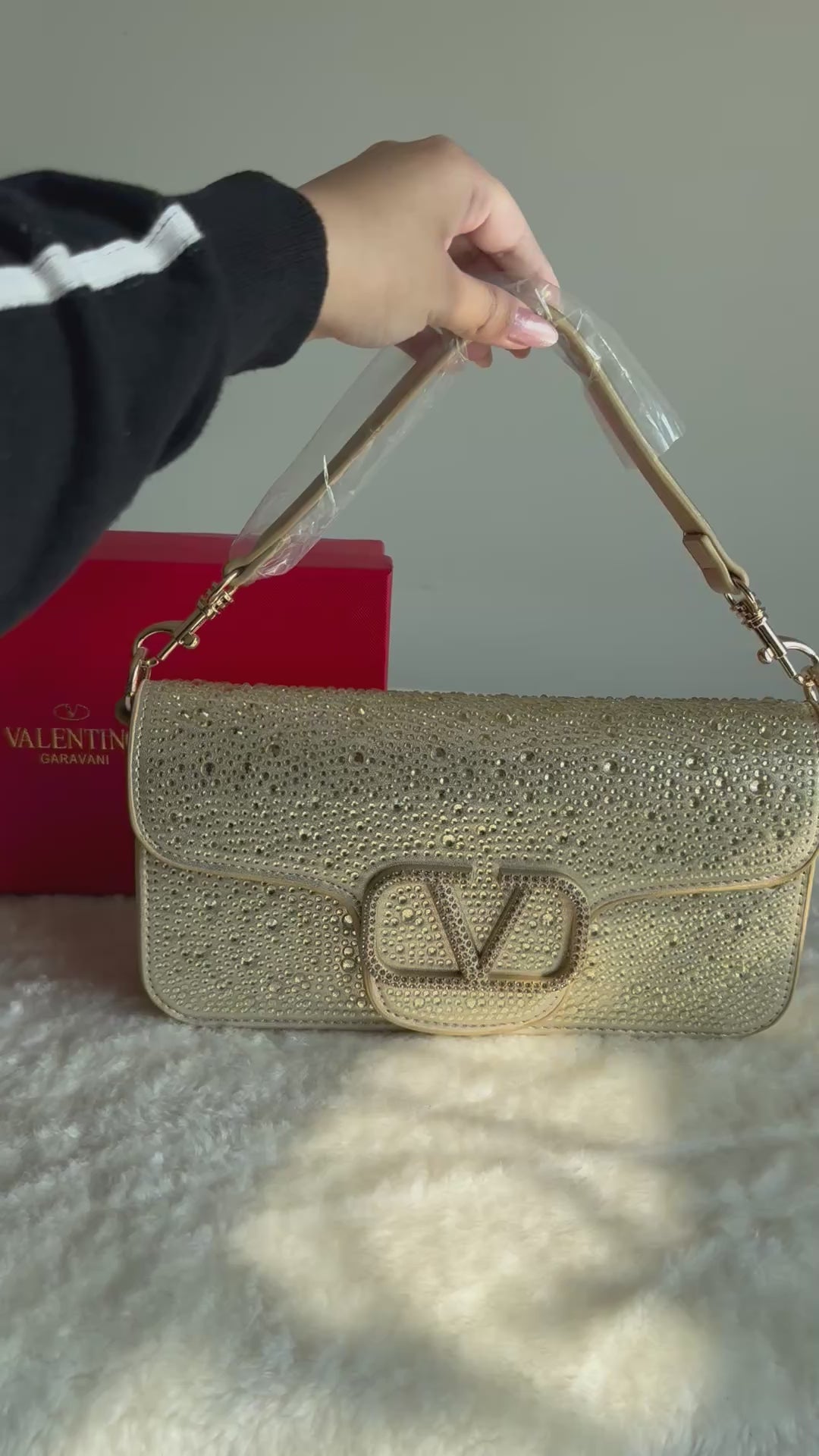 Valentino Loco Rhinestone PREMIUM Handbag with Box Packing - Champagne