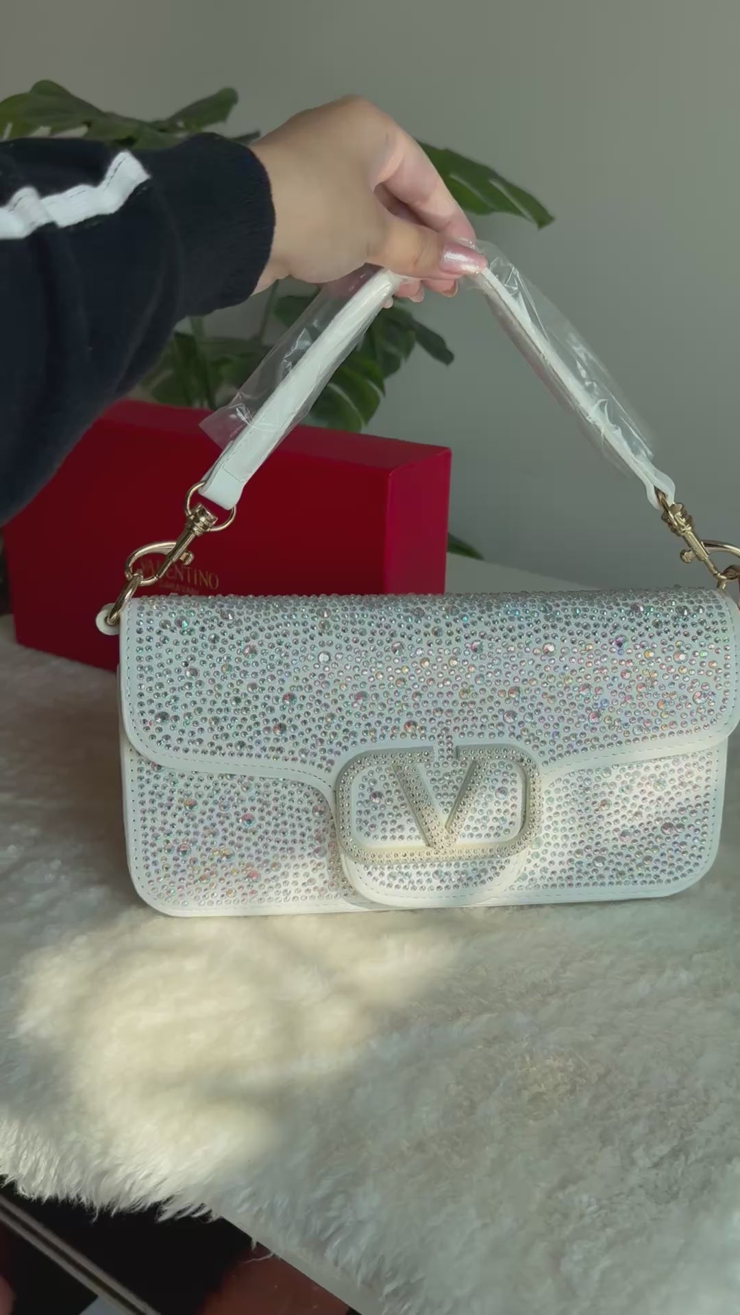 Valentino Loco Rhinestone PREMIUM Handbag with Box Packing - White & Silver